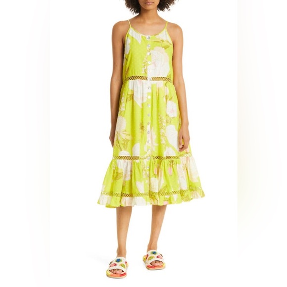 FARM Rio Dresses & Skirts - FARM RIO NWT Garden Midi Dress in Yellow Neon Multi Floral Clip Dot Dress
